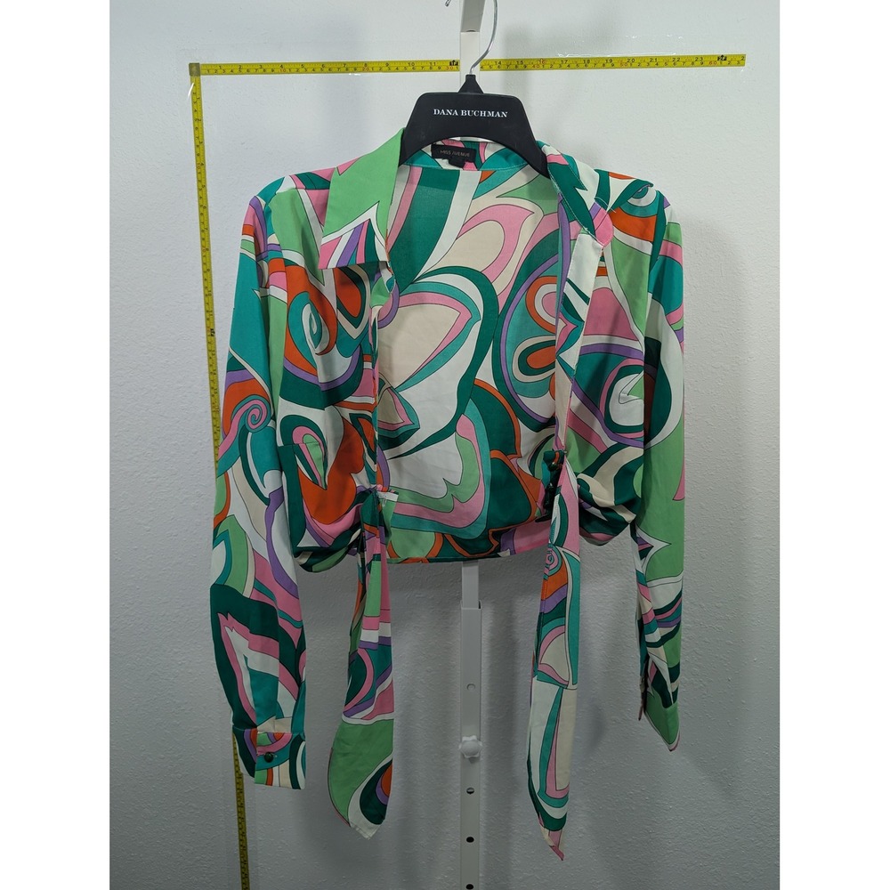 Miss Avenue Womens Psychedelic Swirl Print Front Tie Crop Top Green Pink Size M